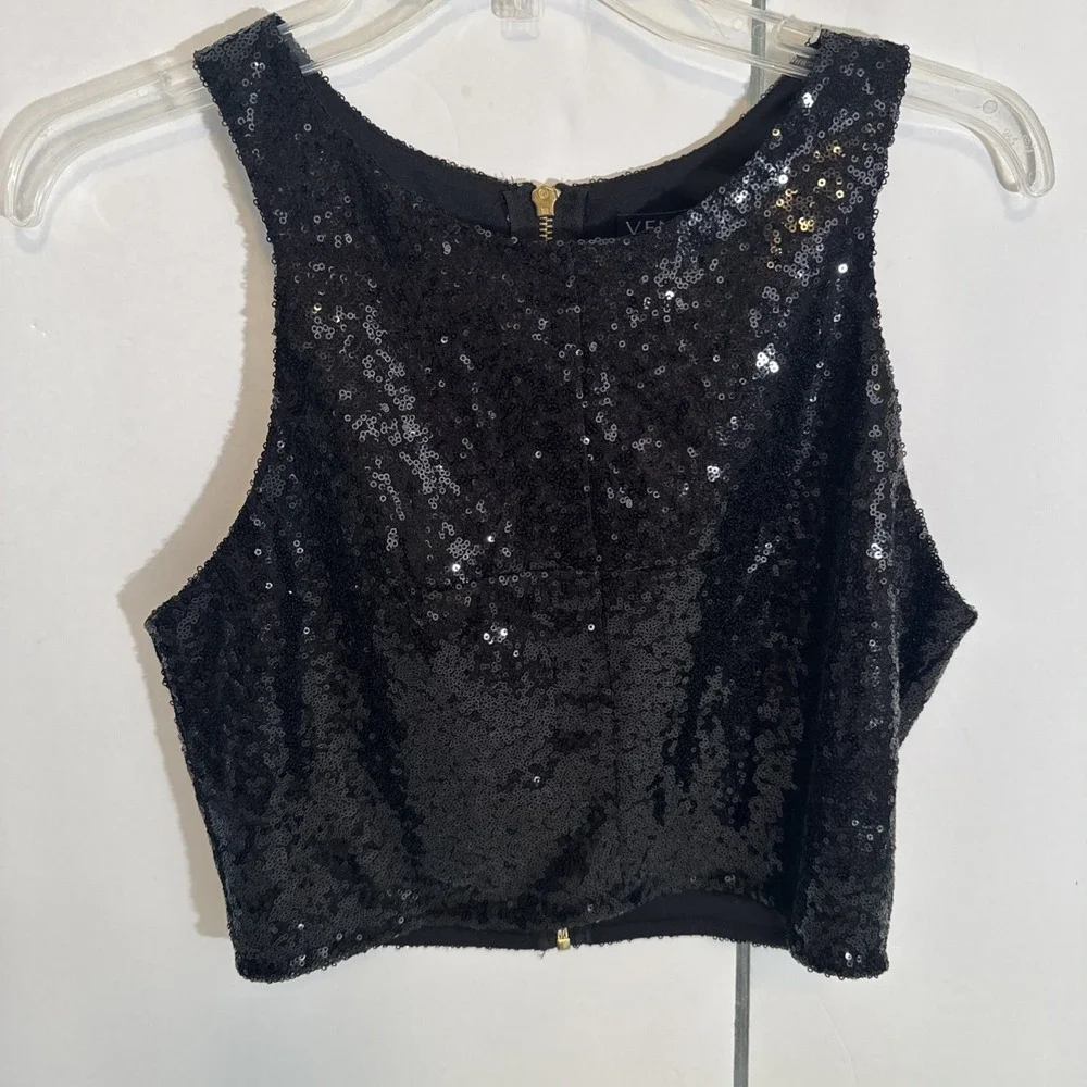 Venus Black Sequin Cropped Tank Top Zipper Back Party Formal NWOT Womens Size 8 - Picture 2 of 7